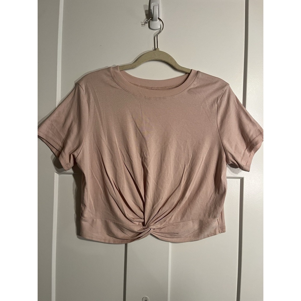 Womens Large Dusty Rose Pink Twist Front Crop Top Short Sleeve Casual